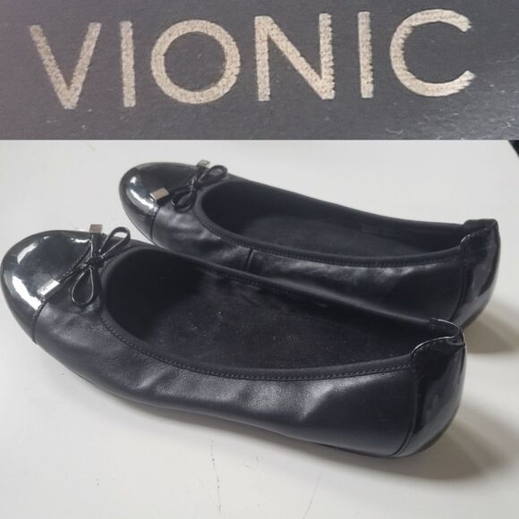 11 VIONIC - SEEMS WIDE - BLACK LEATHER COMFORT FLATS SILVER DETAIL - Picture 1 of 12